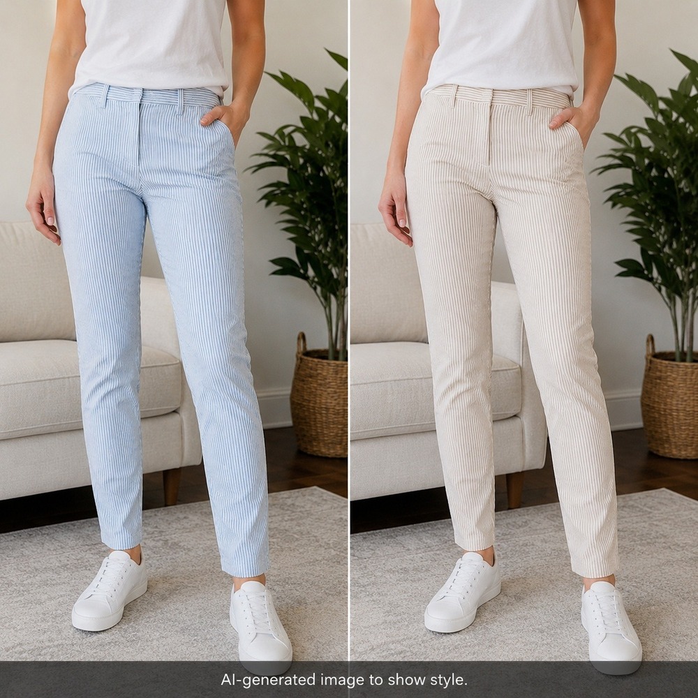Lands End Womens 8 Seersucker Pants Lot 2 Striped Mid Rise Slim Leg Ankle